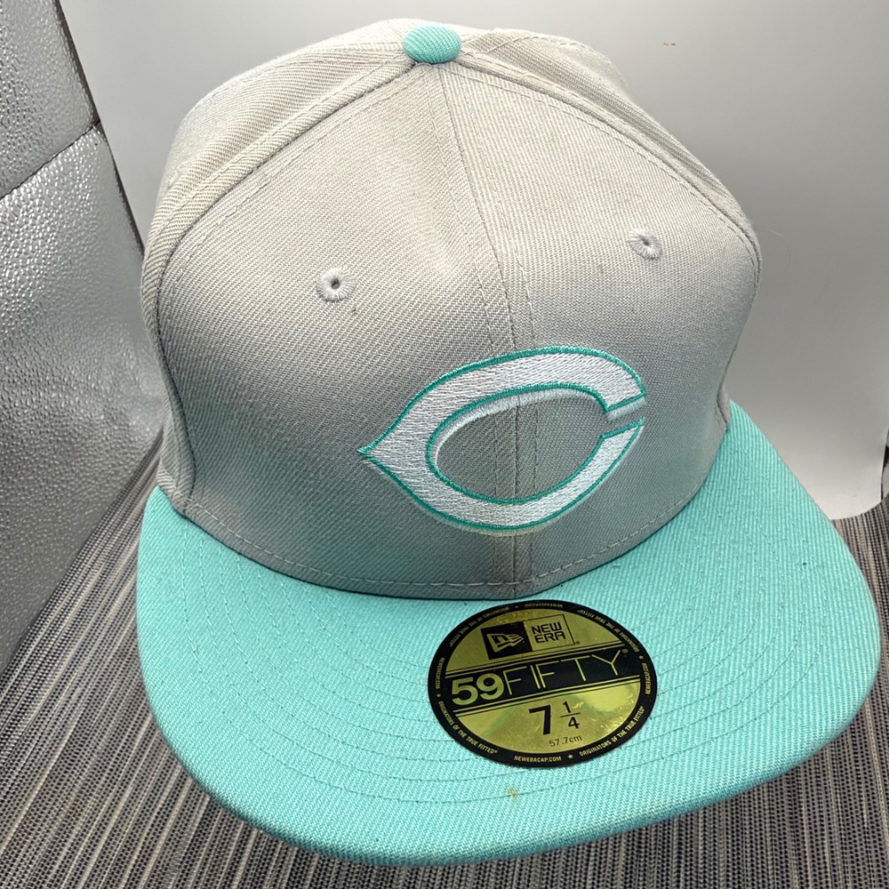 New Era 59FIFTY Cincinnati Reds Hat Size 7 1/4 Grey Teal MLB Fitted Baseball Cap
